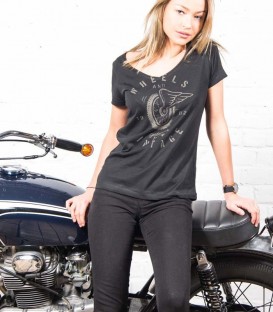 woman black wheels t-shirt
