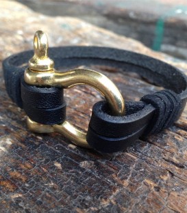 black leather bracelet with brass shackle