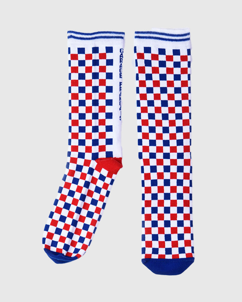 chaussettes damiers bleu, blanc, rouge unisexe