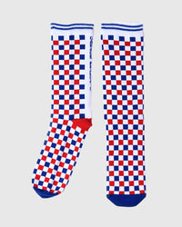 chaussettes damiers bleu, blanc, rouge unisexe