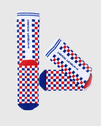 chaussettes damiers bleu, blanc, rouge unisexe