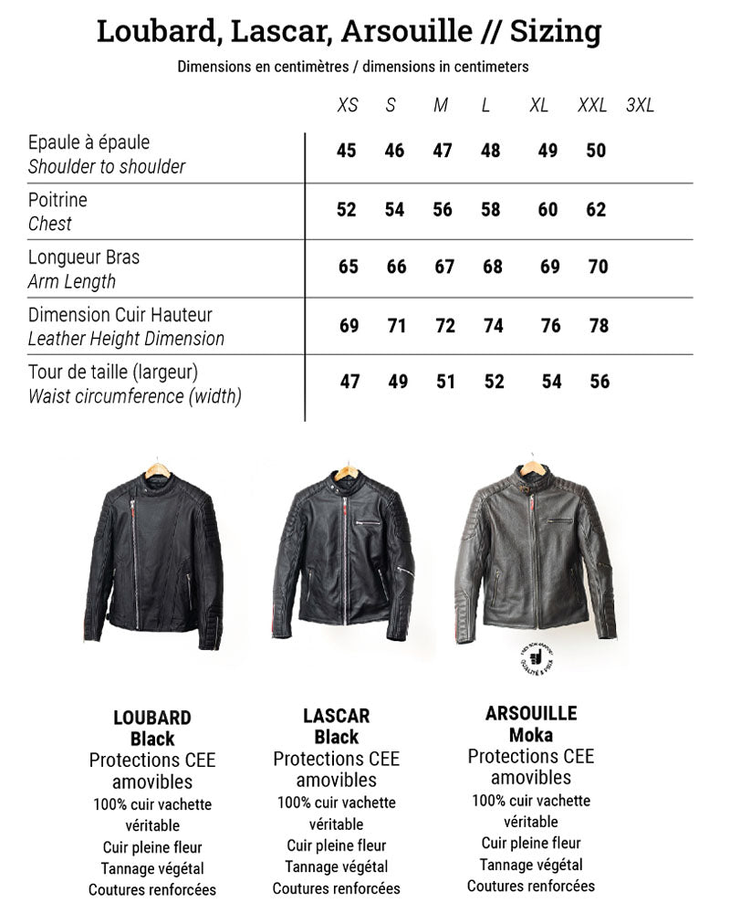 blouson cuir lascar – noir – guide des tailles – Garage Français