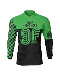 maillot moto vintage personnalisable à damiers jaune et vert – face – Garage Français