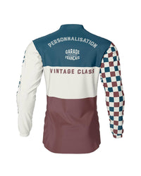 maillot moto vintage à damiers bleu blanc rouge – dos – Garage Français