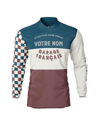 maillot moto vintage à damiers bleu blanc rouge – face – Garage Français