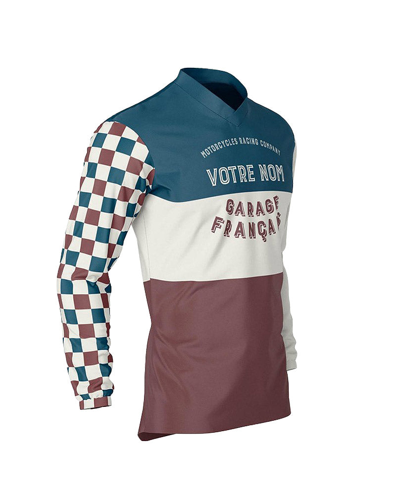 maillot moto vintage à damiers bleu blanc rouge – profil – Garage Français