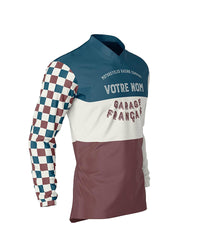 maillot moto vintage à damiers bleu blanc rouge – profil – Garage Français