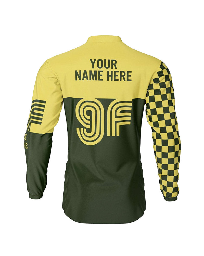 maillot moto vintage personnalisable à damiers jaune et vert – dos – Garage Français