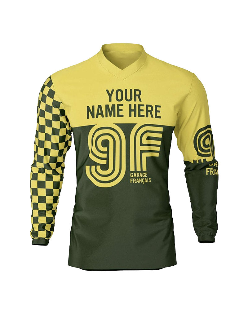 maillot moto vintage personnalisable à damiers jaune et vert – face – Garage Français