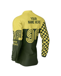 maillot moto vintage personnalisable à damiers jaune et vert – dos – Garage Français