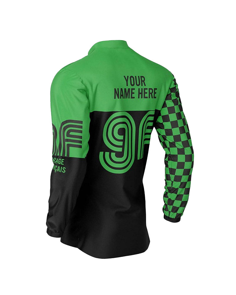 maillot moto vintage personnalisable à damiers jaune et vert – profil – Garage Français