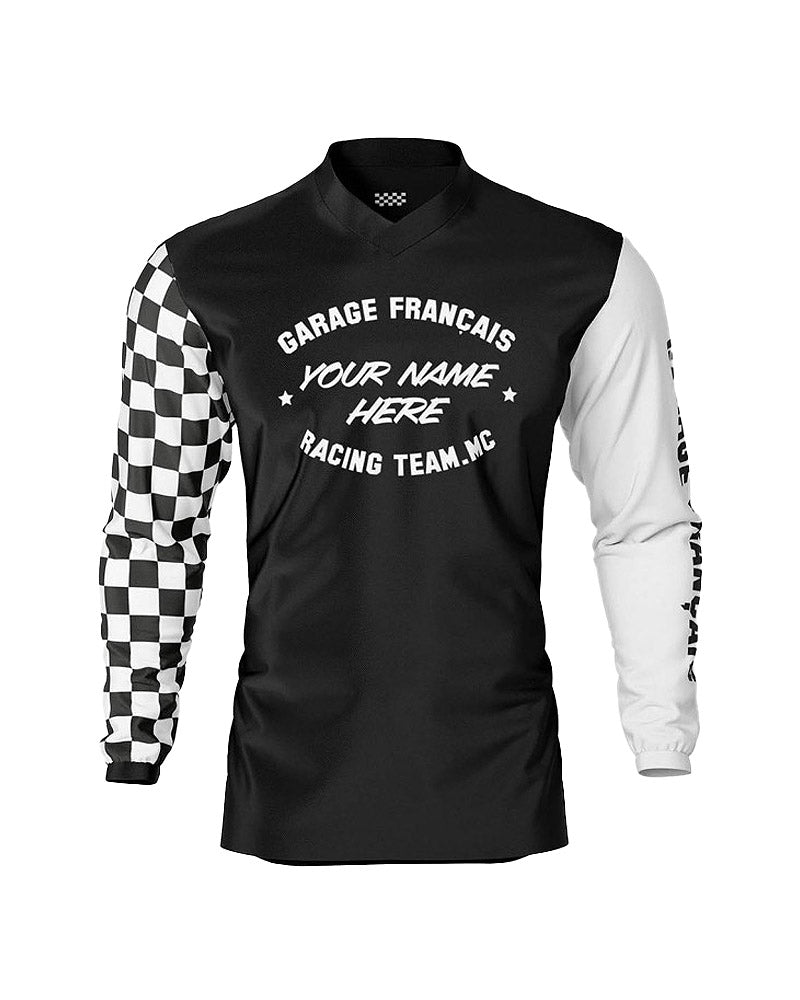 maillot moto vintage à damiers noir et blanc – face – Garage Français