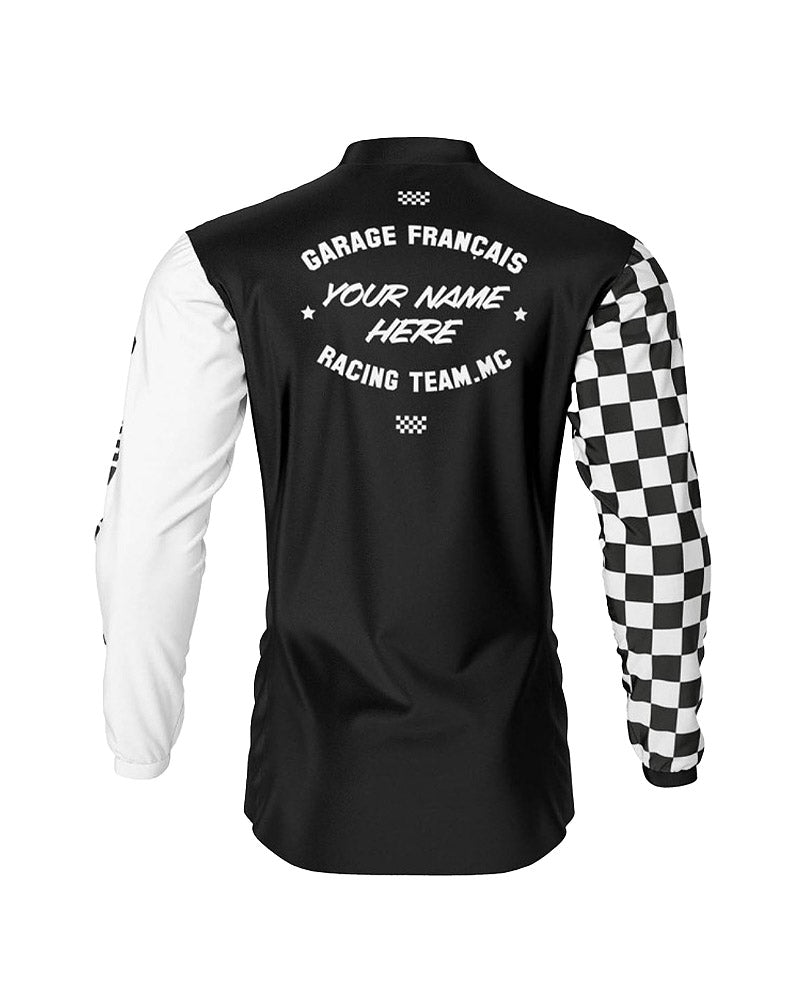 maillot moto vintage à damiers noir et blanc – profil dos – Garage Français