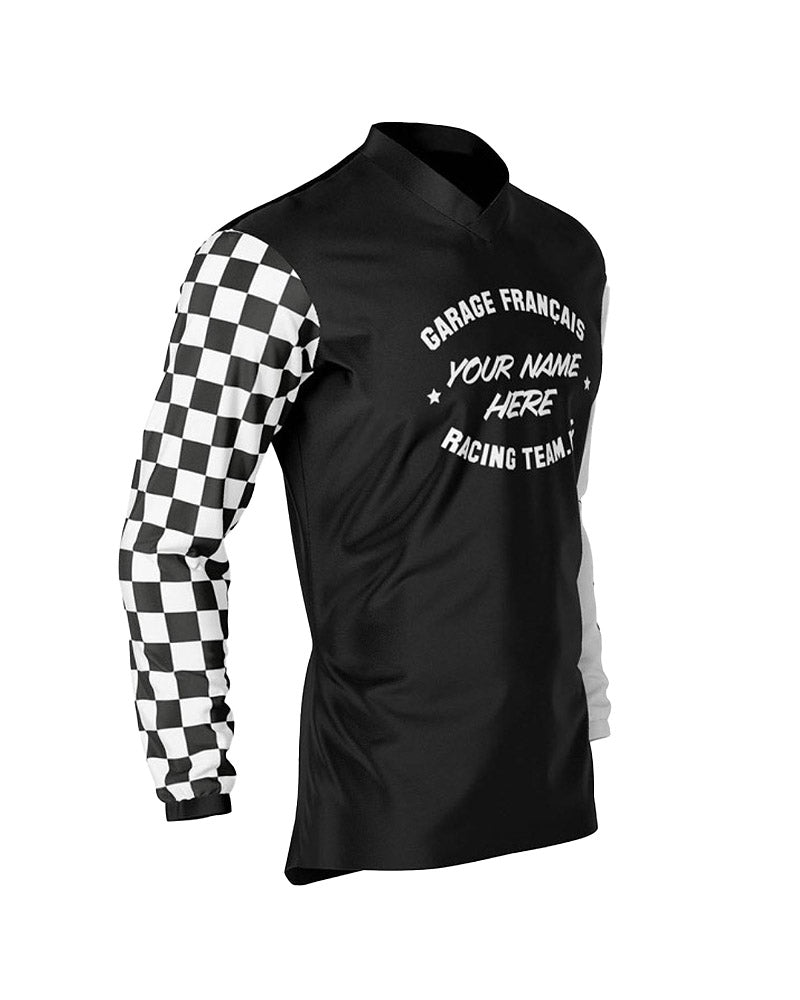 maillot moto vintage à damiers noir et blanc – profil droit – Garage Français