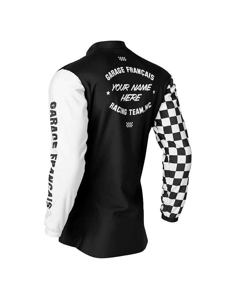 maillot moto vintage à damiers noir et blanc – profil – Garage Français