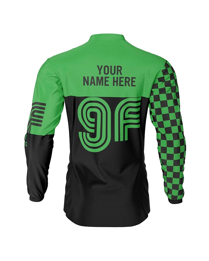 maillot moto vintage à damiers vert et noir – dos – Garage Français