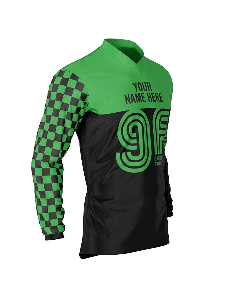 maillot moto vintage à damiers vert et noir – profil droit – Garage Français
